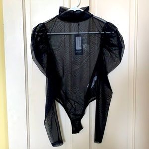 Nasty Gal Women’s Black Puff Sleeve Sheer Bodysuit
